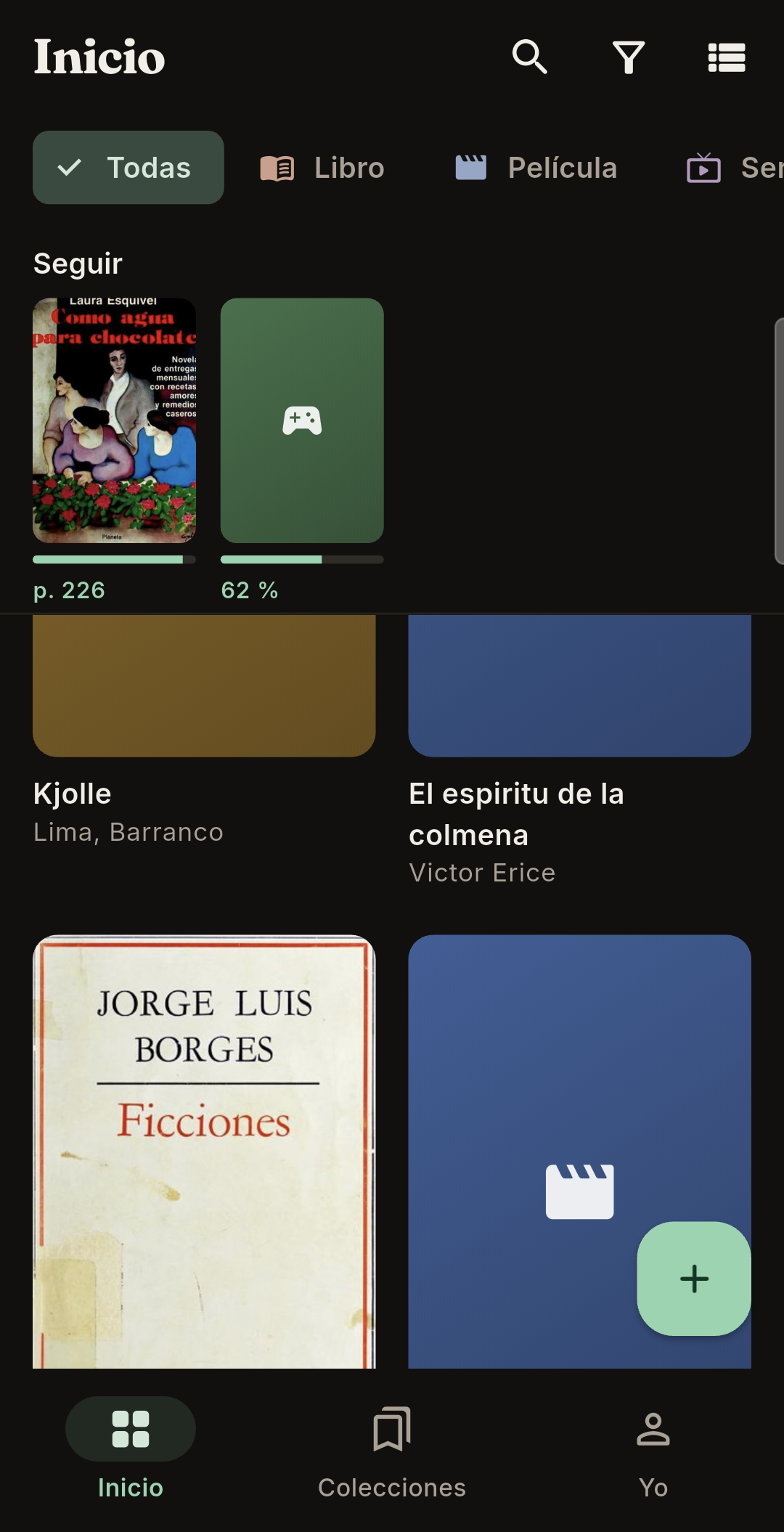 Home screen: a grid of book, record and film covers mixed together, with the search field at the top.
