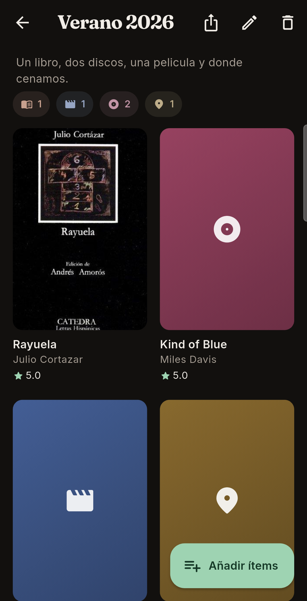 The 'Summer 2026' collection open, with a book, two records, a film and a restaurant in the same list.
