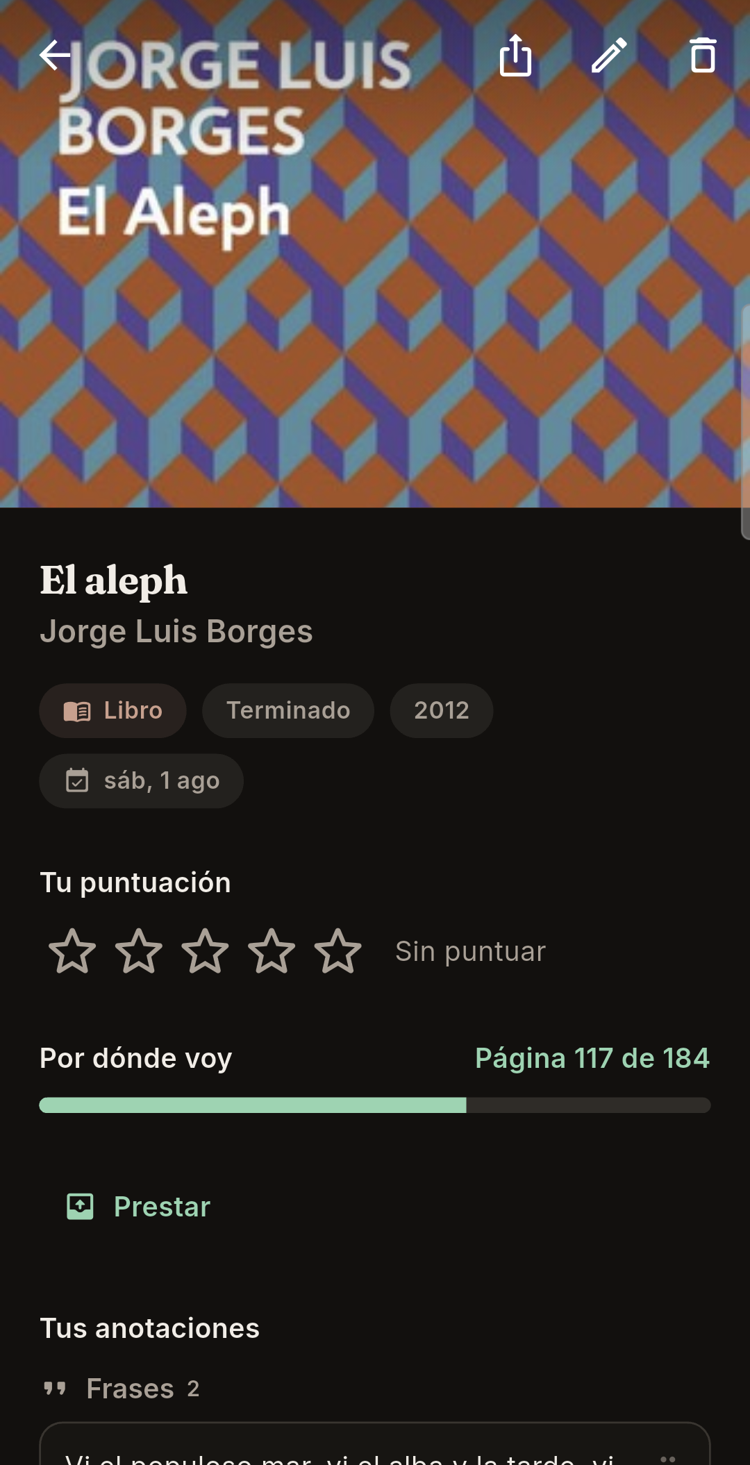 The entry for Borges's 'El Aleph': cover, status, rating, how far you are — page 117 of 184 — the option to lend it, and the start of your notes.